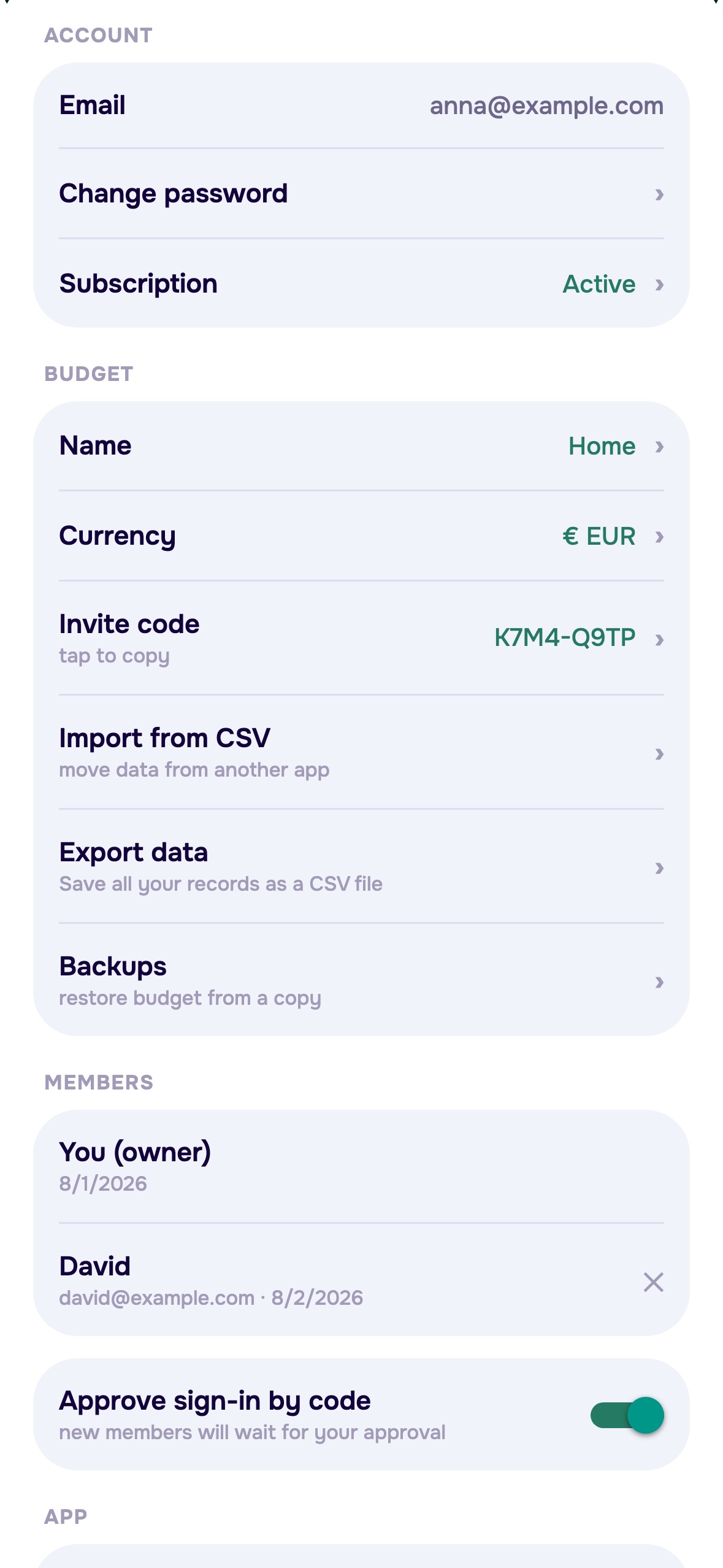 Budget settings with an invite code