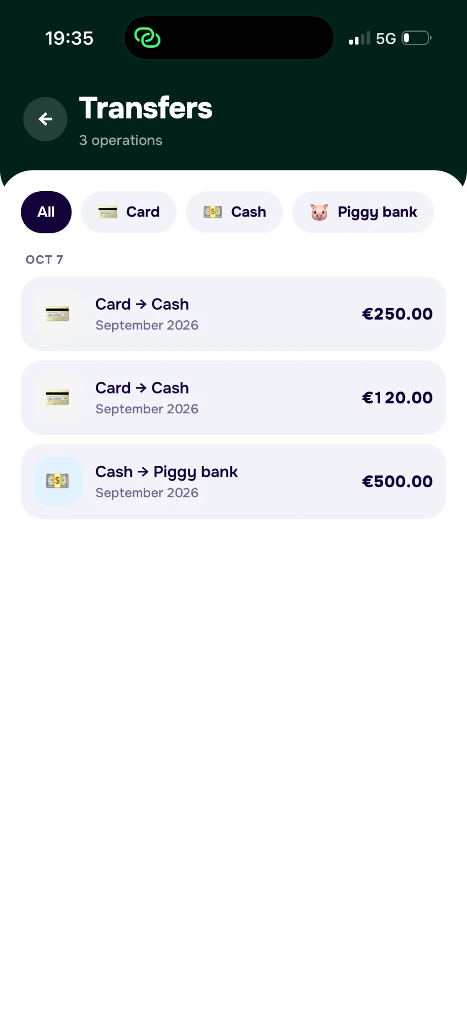 Transfers between card, cash and piggy bank